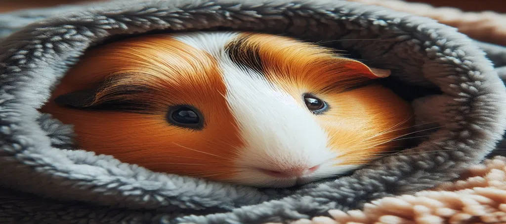 DIY Guinea Pig Winter Setup, A guinea Pig snuggled up in a fleece bed or blanket