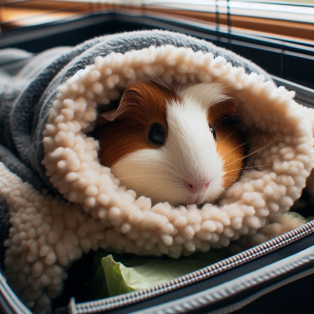 Traveling with Guinea Pigs, A guinea pig snuggled up in a fleece-lined carrier or a temporary cage setup