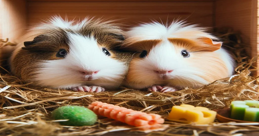 DIY Guinea Pig Winter Setup, Two guinea pigs cuddling together in a hutch